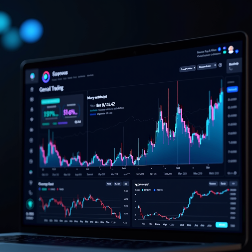 AI trading dashboard with live candlestick charts, order book depth, and ML-powered execution signals for crypto markets